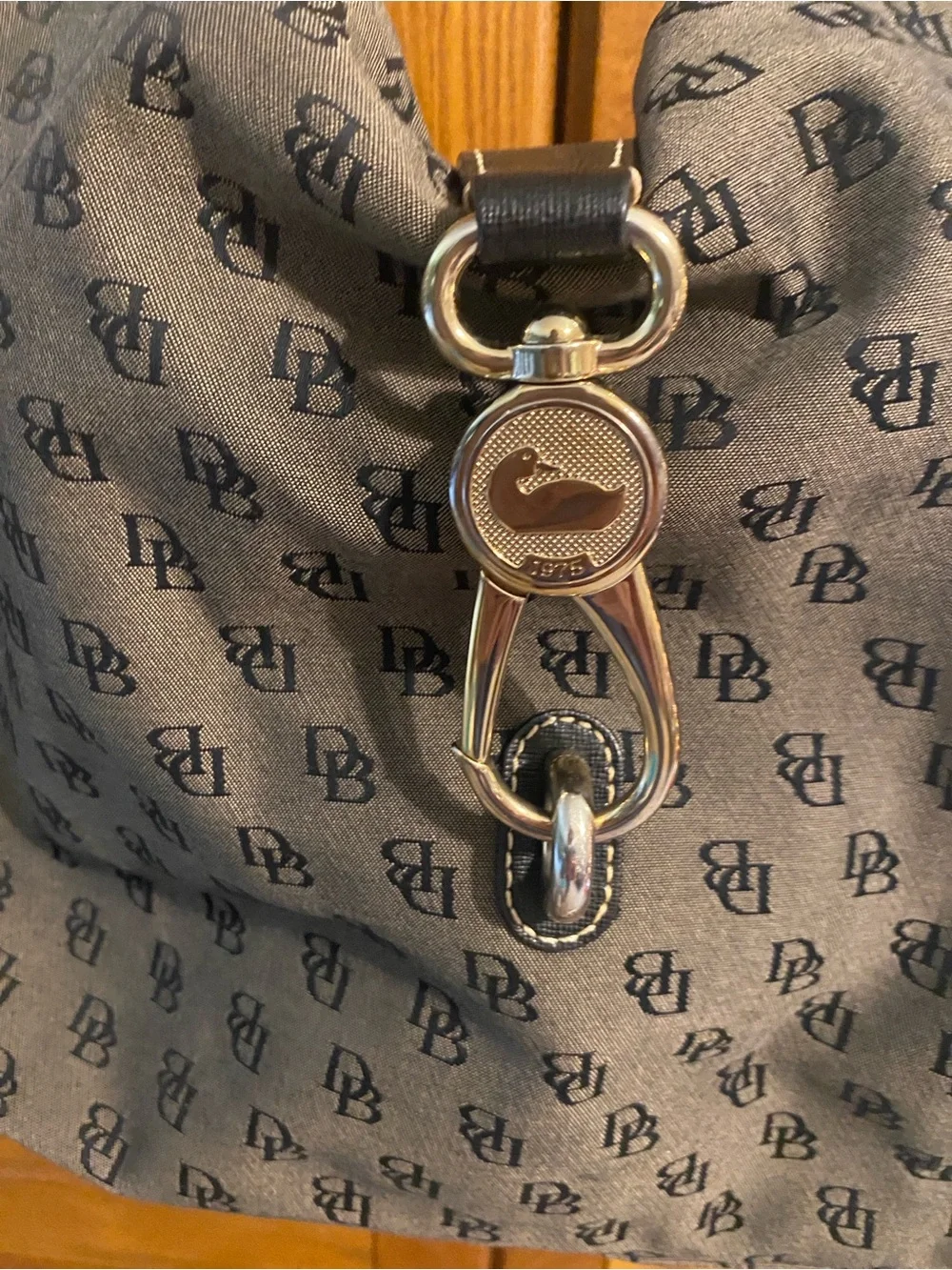 Dooney & Bourke Gray Monogram Hobo with Black Leather Strap and Silver Hardware
